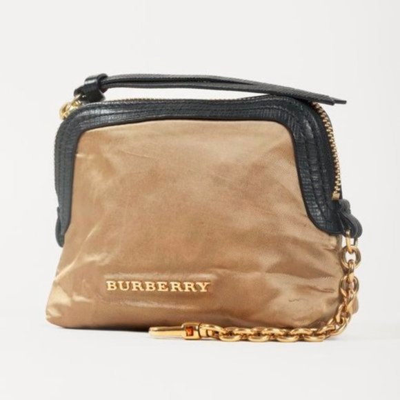 Burberry Gold Satin Leather-Trim Pouch - Picture 2 of 6